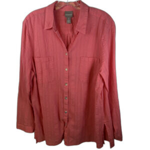 Chico’s Top Coral Button Up 100% Cotton Roll Tab Sleeve Comfort Minimal Sz 3/XL